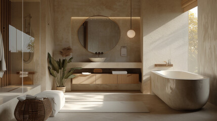A well-lit and contemporary bathroom with a vanity, mirror, and modern fixtures