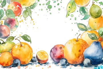 Detailed watercolor frame border with colorful pastel fruits on a white background.