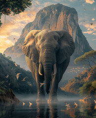 Elephant in front of the mountain