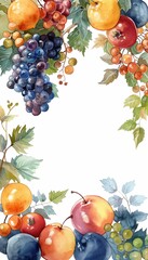 Obraz na płótnie Canvas Detailed watercolor frame border with colorful pastel fruits on a white background.