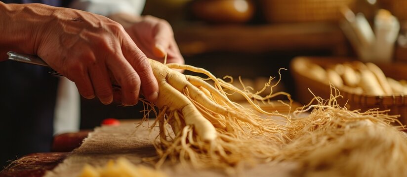 Examining ginseng root with tongs, a natural examination of raw medical material.