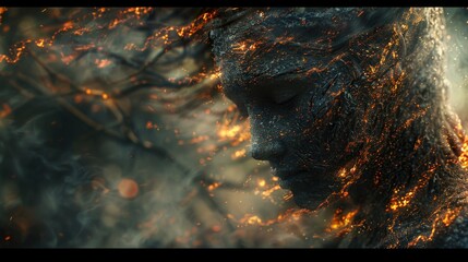 Man With Face Covered in Fire. Generative AI. - obrazy, fototapety, plakaty