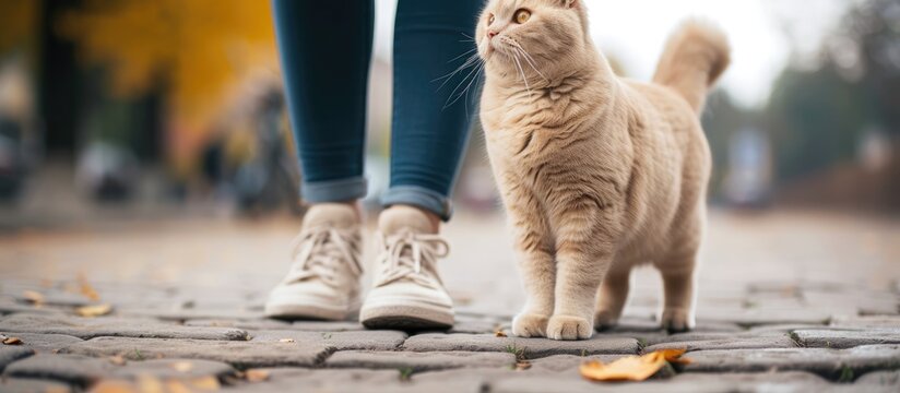 A woman wearing sports shoes stands next to a beige cat.
