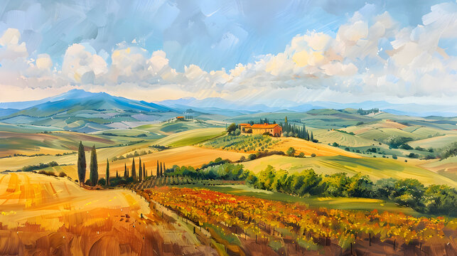 A painting of a farm with a blue sky and clouds,,

Painting of a landscape with a sunset and a house 
