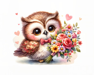 Cute owl with flowers. Watercolor illustration for greeting cards and children's decor, stickers, nursery art. For Birthday, Valentine's Day and Mother’s day cards and invitations. 