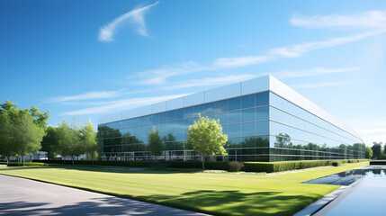 Minimalist Modern Corporate Building under Clear Blue Sky Reflecting Progress and Innovation