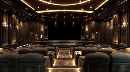 Fototapeta premium A panoramic shot of an immaculately designed home theater with plush seating, a large projection screen, and surround sound speakers