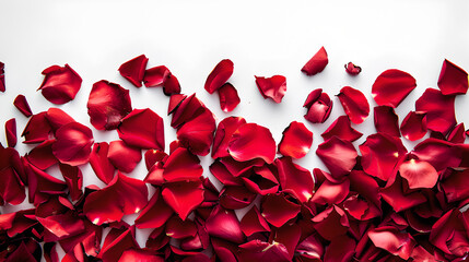 red rose petals (blossoms) on white background