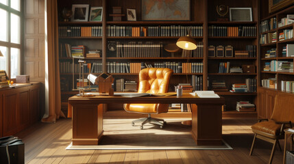 A well-lit and thoughtfully arranged home office space with a wooden desk, leather chair, and bookshelves