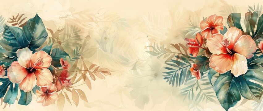 colorful watercolor tropical leaves and flowers on light beige background Generative AI