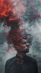 A mesmerizing painting of a man with smoke billowing from his head, evoking the fiery passion and raw power of a human soul set ablaze in the great outdoors