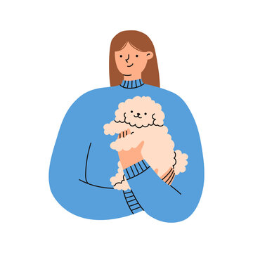 Woman is holding a cute Bolognese dog in her hands. Pet owner. Flat vector illustration.