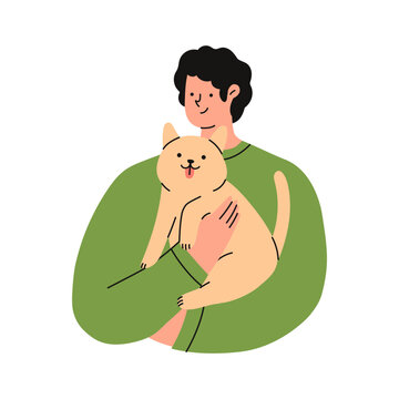 Man is holding a cute Shiba Inu dog in his hands. Pet owner. Flat vector illustration.