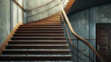 A detailed shot of a minimalist staircase with wooden steps and a metal railing