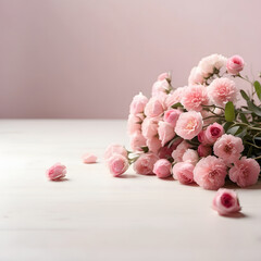 pink flowers lying neatly on white table, pink background, square