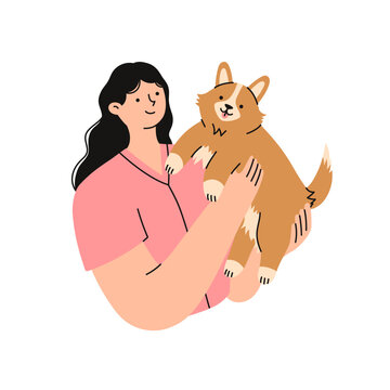 Woman is holding a cute Corgi dog in her hands. Pet owner. Flat vector illustration.