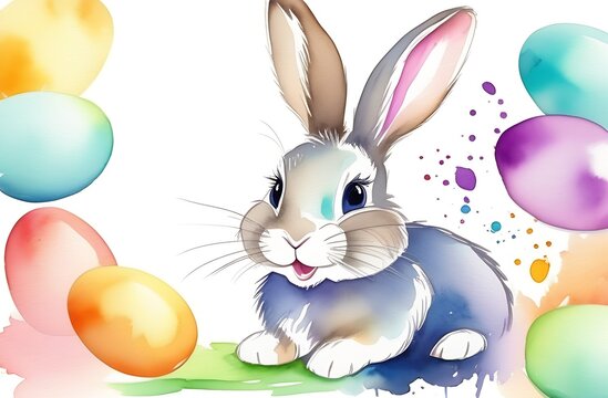 Easter watercolour bunny rabbit with Easter eggs