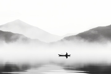 Lonely Man in Boat on Lake Against Mountains, Black and White Colors