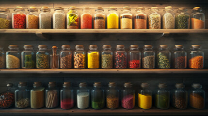 An abstract composition of colorful spices in glass jars, neatly arranged on open kitchen shelving