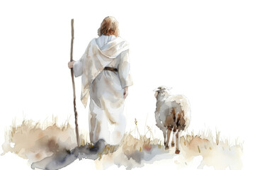 Shepherd Jesus Christ Taking Care of One Missing Lamb Watercolor Illustration Isolated  - obrazy, fototapety, plakaty