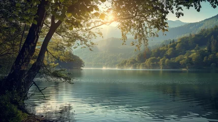 Tuinposter Reflectie A tranquil morning at the lake district, with fog hugging the trees and mountains in the distance, as the sun rises and casts a warm glow on the still water, reflecting the beauty of nature's fall co