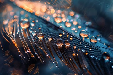 A delicate dance of glistening water droplets on a feather, illuminated by the soft light of a rainy day - obrazy, fototapety, plakaty