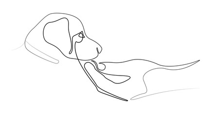 Drawing of a woman's hand and a small puppy. Linear drawing of a dog and a man. Friendship between owner and pet, one line drawing. Tattoo