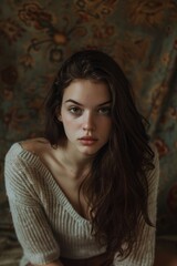 Fototapeta premium A captivating portrait of a stylish woman with long hair, gazing confidently at the camera in a photo shoot, her flawless skin and bold lip complementing her fashionable clothing against the backdrop