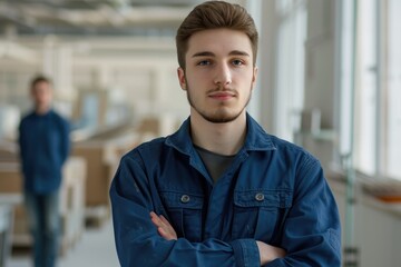 a young male builder in a blue uniform. college, working specialty, technical school student ,