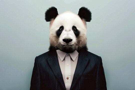 Illustration of a man wearing panda mask over his head and a formal suit, panda wearing business suit, Generative AI