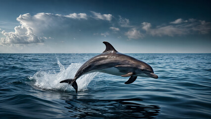 A dolphin gracefully leaps from the surface of the sea, with water droplets glistening around it like jewels.
