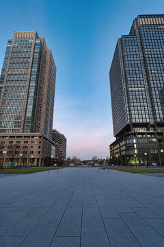 Tokyo, Japan - February 15, 2024: Marunouchi commercial area at winter dawn in Tokyo, Japan