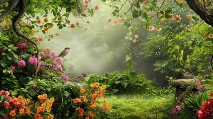 Foto op Plexiglas sparrow birds perched amidst blooming flowers on a tree branch, set against the backdrop of a picturesque spring garden, showcasing the harmony between nature and wildlife. © lililia