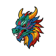Obraz premium Colorful dragon head embroidered patch badge on transparent background