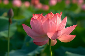 Vibrant pink lotus flower, its petals open wide, against a backdrop of soft green leaves and other lotus flowers in the distance