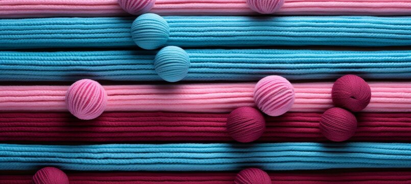 Knitted threads in pastel colors. Colorful wool  balls for creativity and needlework, top view
