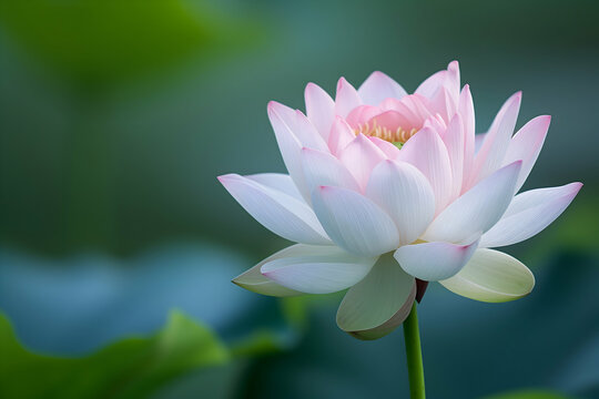 Pink-tipped white lotus flower in full bloom, with a soft-focus green background highlighting the flower's delicate structure