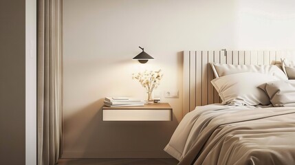 Serene Minimalist Bedroom with Floating Nightstand and Wall-Mounted Lamp