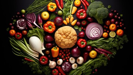 Fototapeta na wymiar fresh vegetables meticulously arranged in a colorful food pattern, providing ample copy space and highlighting the diverse array of nutritious ingredients essential for healthy eating.