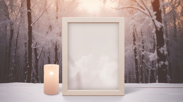 Wooden photo frame with outdoor background.