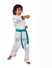 african american boy in karate suit training, uniform karate gi , keikogi or dogi, suit is white, hairstyle with braids, dreadlocks, isolated on white background