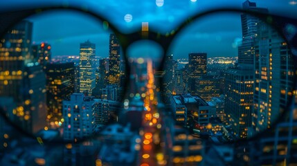 A night cityscape reflected in the lenses of glasses - obrazy, fototapety, plakaty