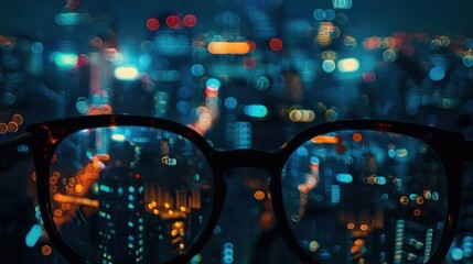 A night cityscape reflected in the lenses of glasses - obrazy, fototapety, plakaty