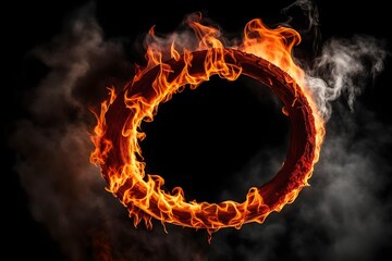 alphabet letter  O   made of fire flame with red smoke behind  on black background
