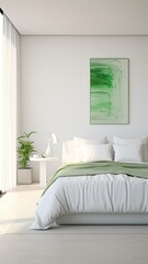 Fototapeta na wymiar a pure white bedroom adorned with textured bedding and minimal furniture, featuring a touch of green from a potted plant, creating a tranquil and inviting sleep environment.