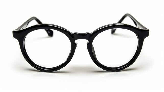 A photograph of black nerd glasses, isolated on a white background, with clipping paths for both the frames and lenses. This allows for easy insertion of your own character or design