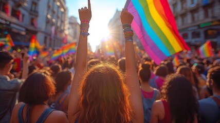 gay community march, holding flags and hands raised - obrazy, fototapety, plakaty