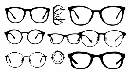 A collection of vector illustrations featuring silhouettes of various stylish eyeglass frames
