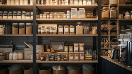 An organized pantry with labeled shelves and storage containers holding various dry goods - obrazy, fototapety, plakaty