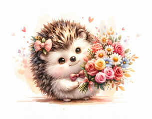 Fototapeta na wymiar Little hedgehog with flowers. Watercolor illustration for greeting cards and children's decor, stickers, nursery art. For Birthday, Valentine's Day and Mother’s day cards and invitations. 